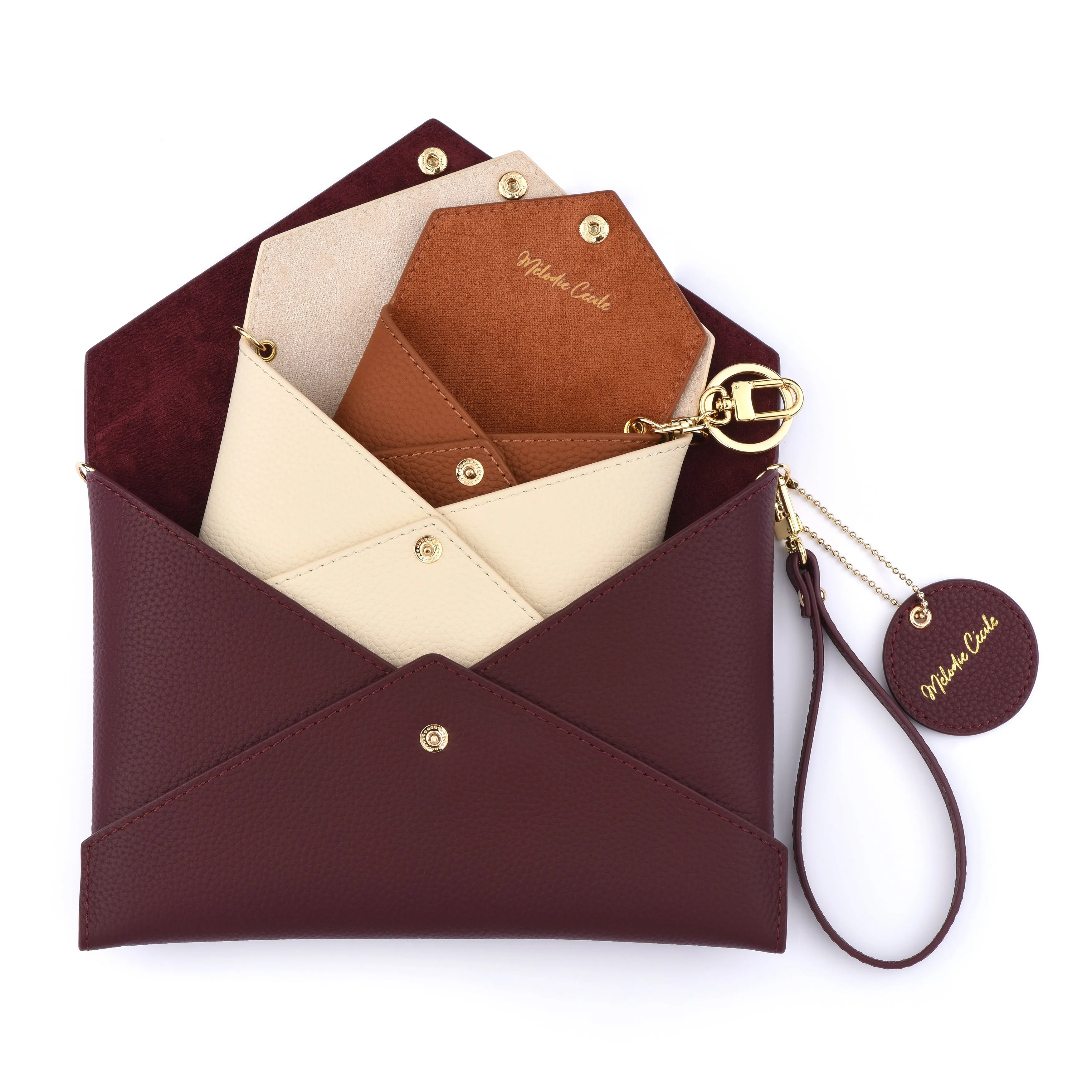 Togo Leather - Envelope trio - Clutch Set - BURGUNDY - CREAM - CAMEL