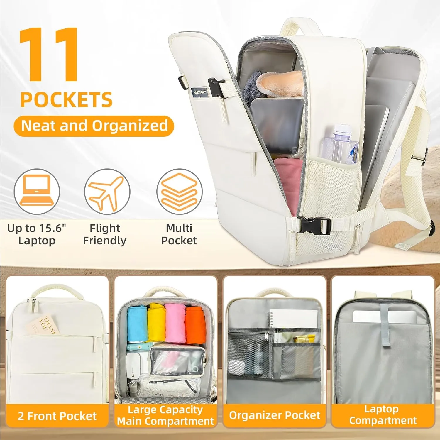 Travel Backpack For Women Men Airline Approved Carry On Backpack, Waterproof Outdoor Sports Rucksack Weekender Overnight College Business Backpack Fits 15.6 Inch Laptop - Beige