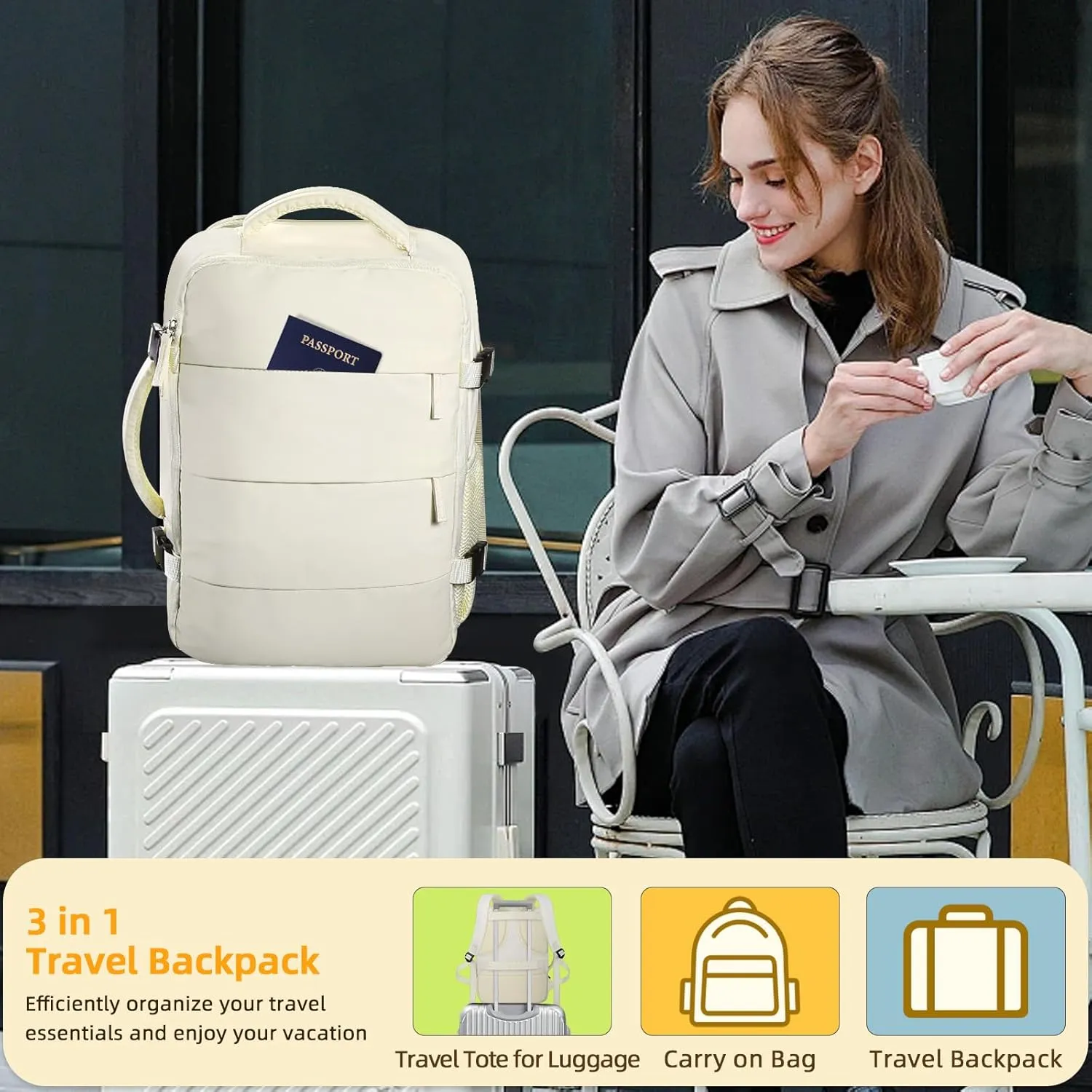 Travel Backpack For Women Men Airline Approved Carry On Backpack, Waterproof Outdoor Sports Rucksack Weekender Overnight College Business Backpack Fits 15.6 Inch Laptop - Beige