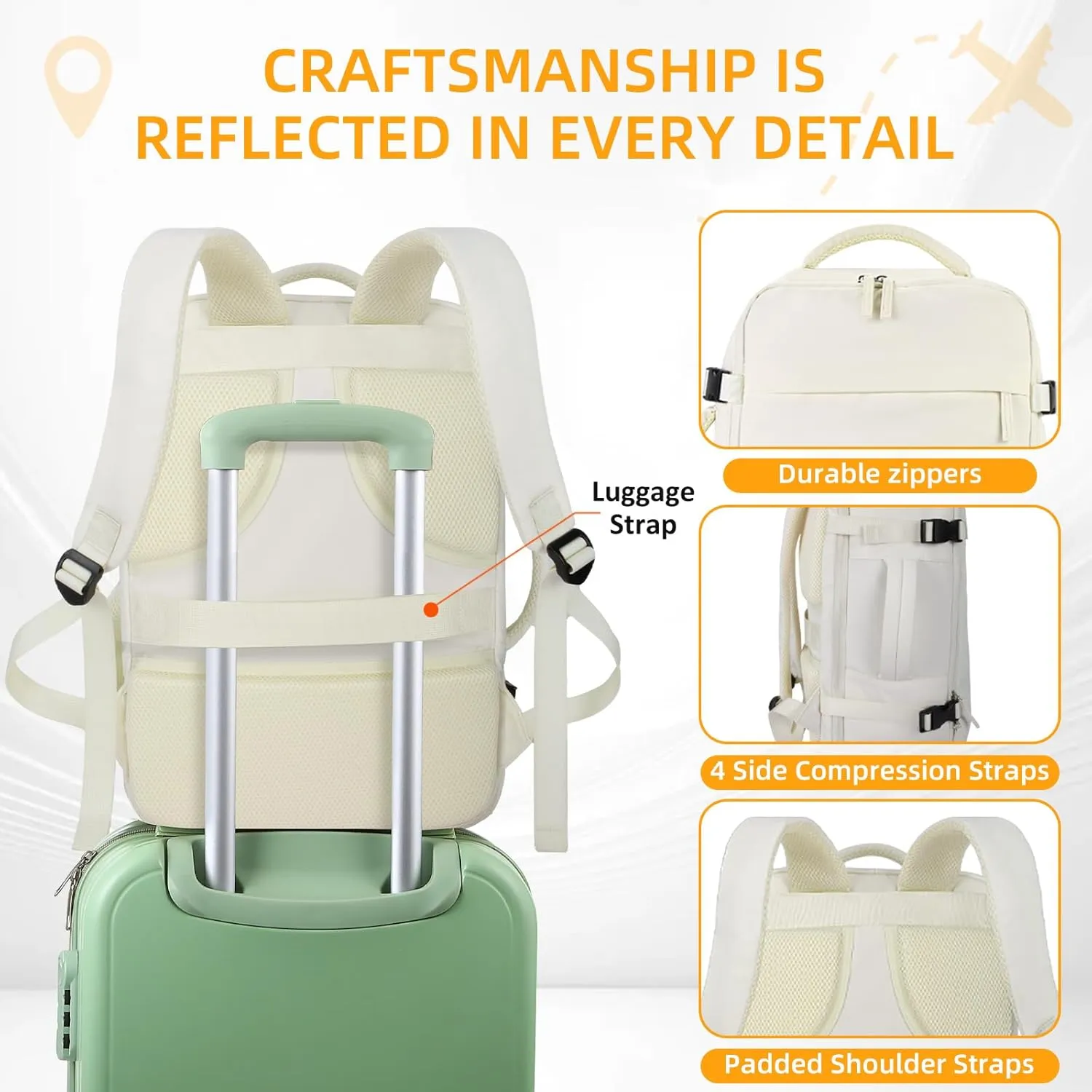 Travel Backpack For Women Men Airline Approved Carry On Backpack, Waterproof Outdoor Sports Rucksack Weekender Overnight College Business Backpack Fits 15.6 Inch Laptop - Beige