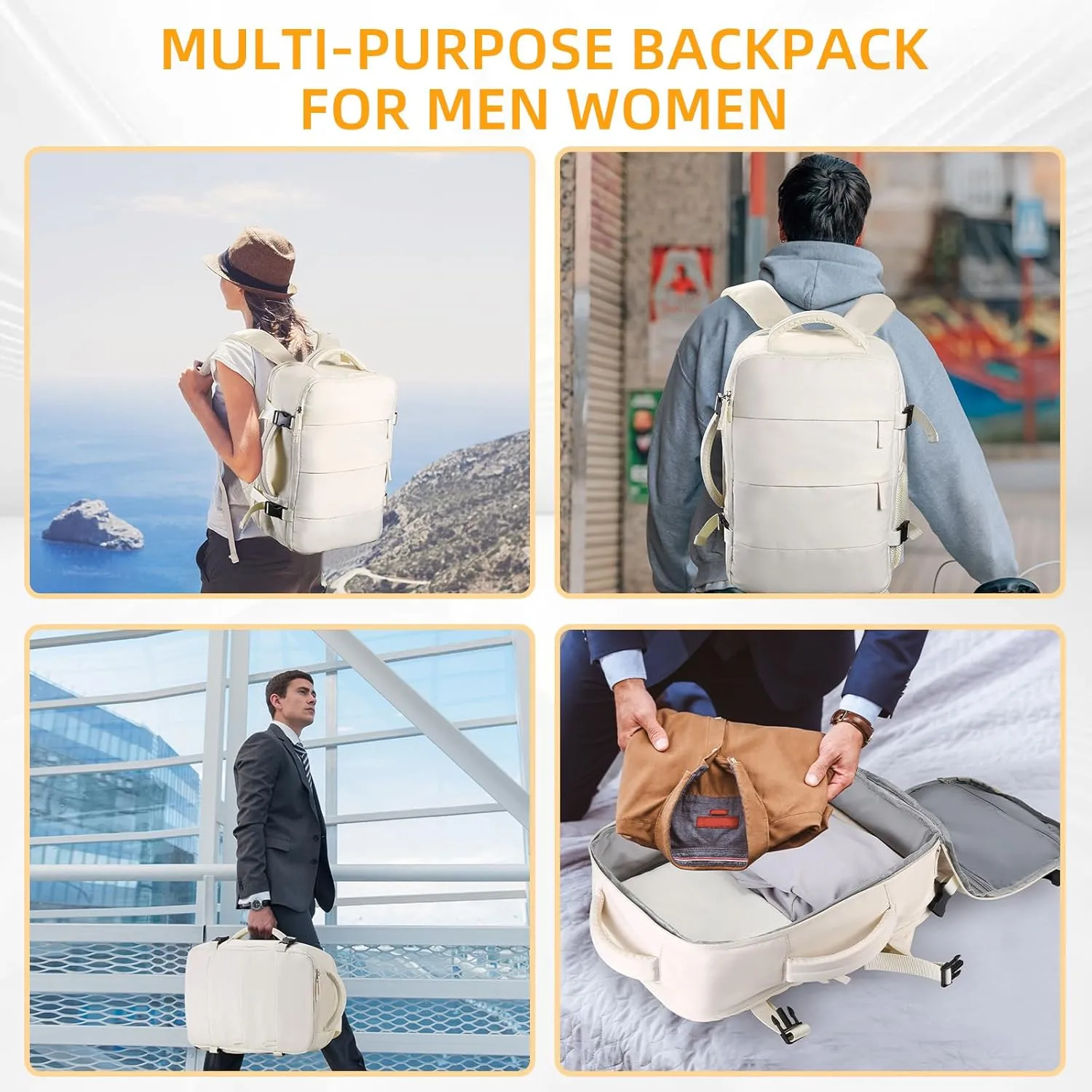 Travel Backpack For Women Men Airline Approved Carry On Backpack, Waterproof Outdoor Sports Rucksack Weekender Overnight College Business Backpack Fits 15.6 Inch Laptop - Beige