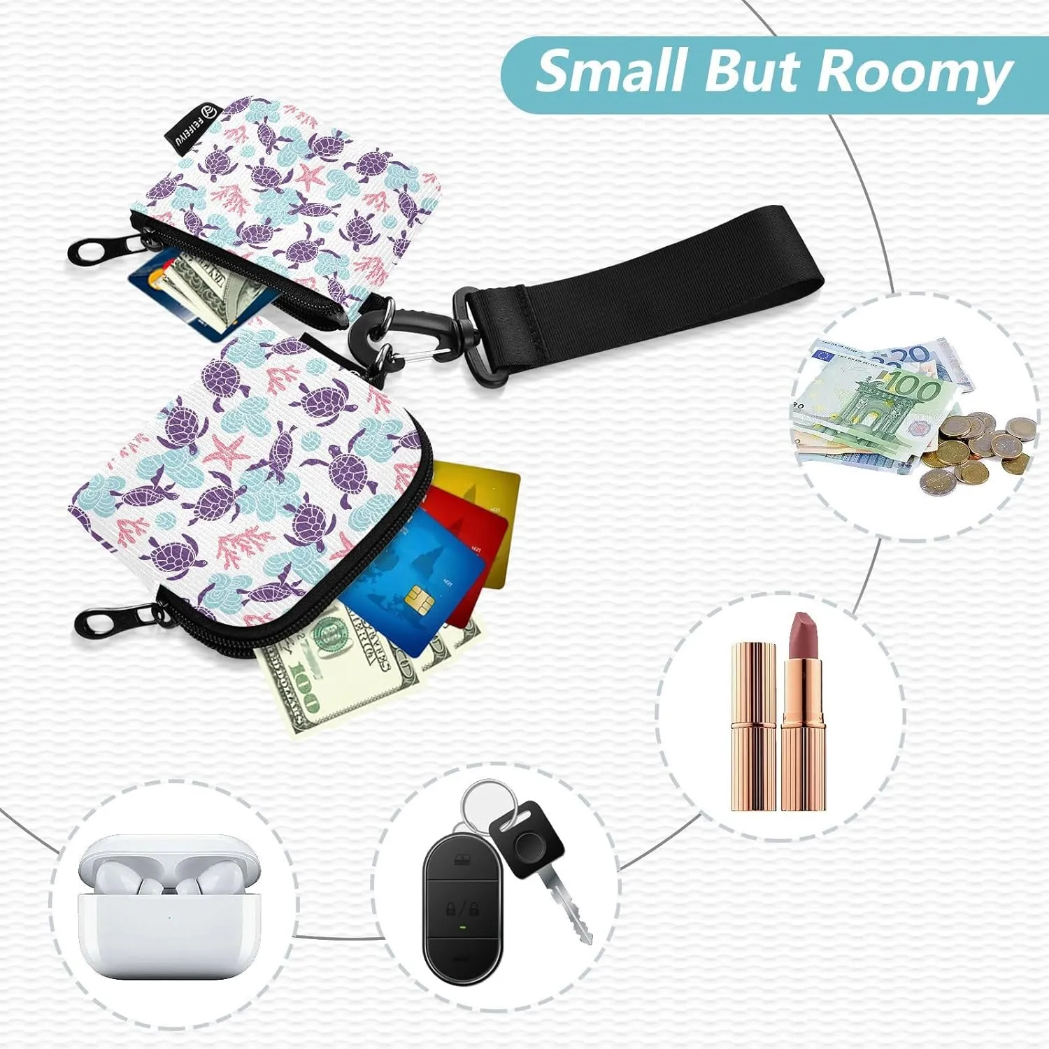 Turtle Wristlet Wallet for Women, Detachable Dual Pouch Wristlet, Mini Zip Around Wallet Portable Coin Purses
