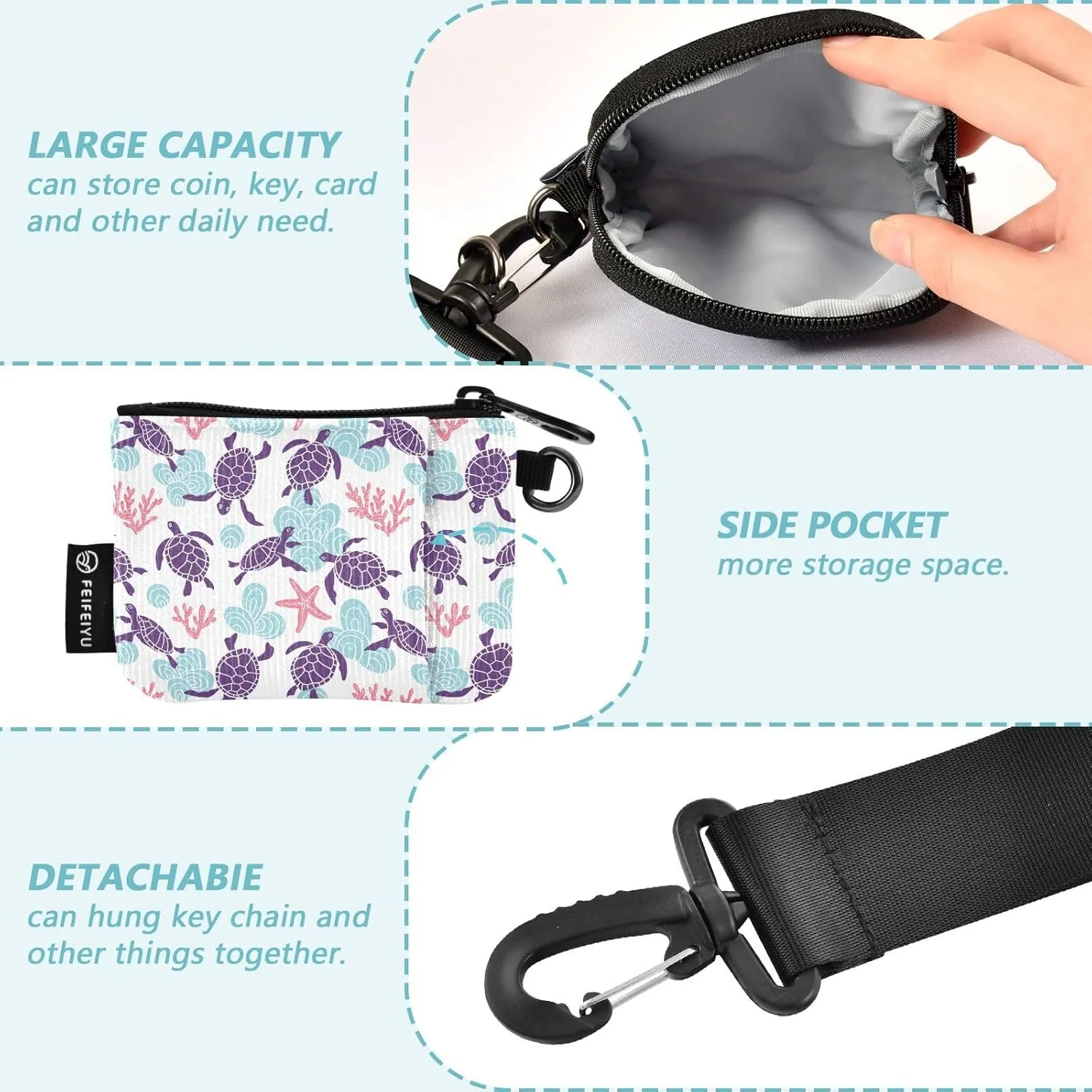 Turtle Wristlet Wallet for Women, Detachable Dual Pouch Wristlet, Mini Zip Around Wallet Portable Coin Purses