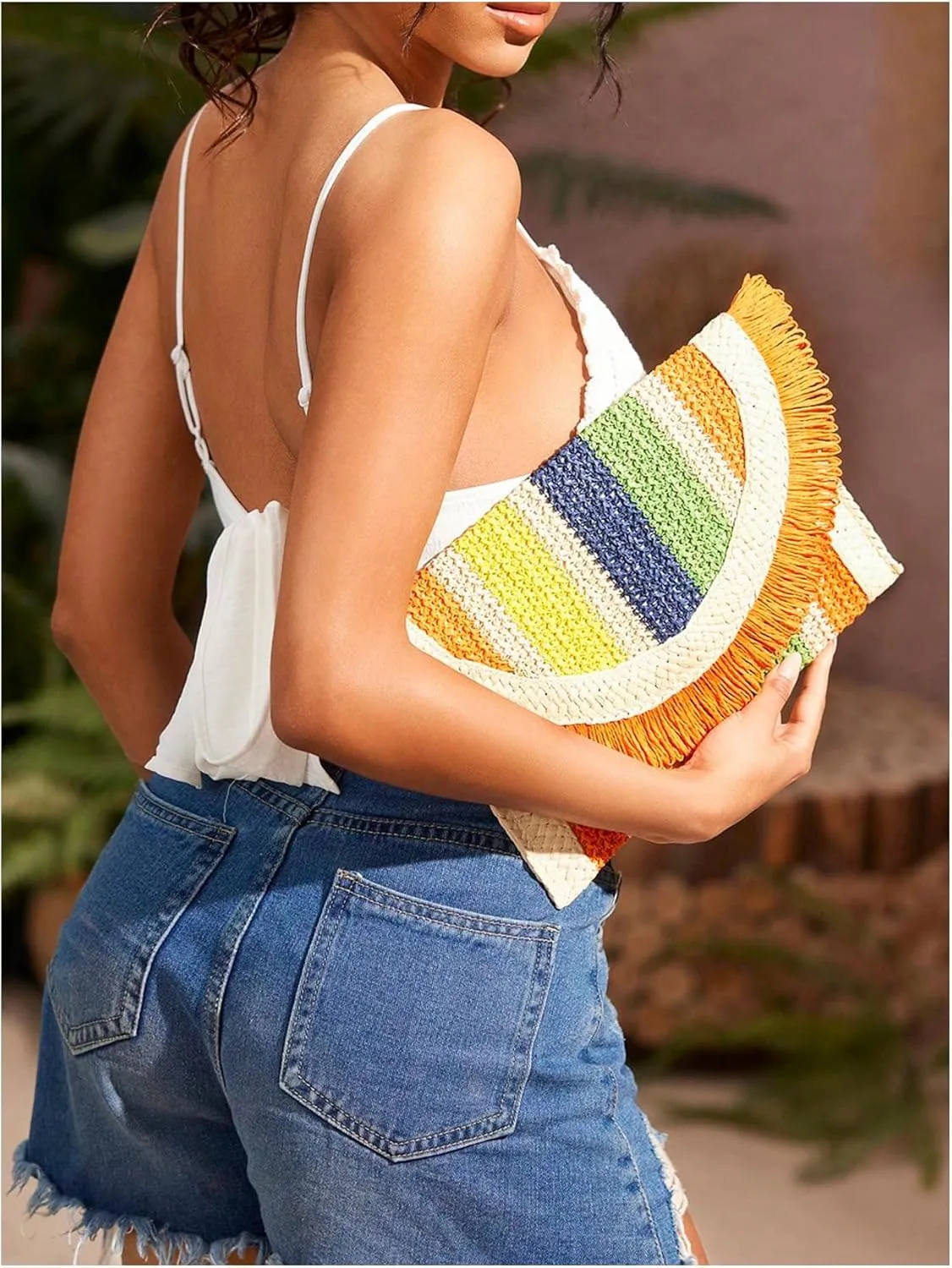 Verdusa Women's Fringe Straw Clutch Purses Woven Handbags Envelope Bag Wallet